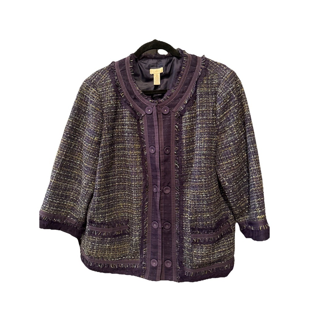 Chicos Size 3 Purple Plaid Tweed Jacket (XL)